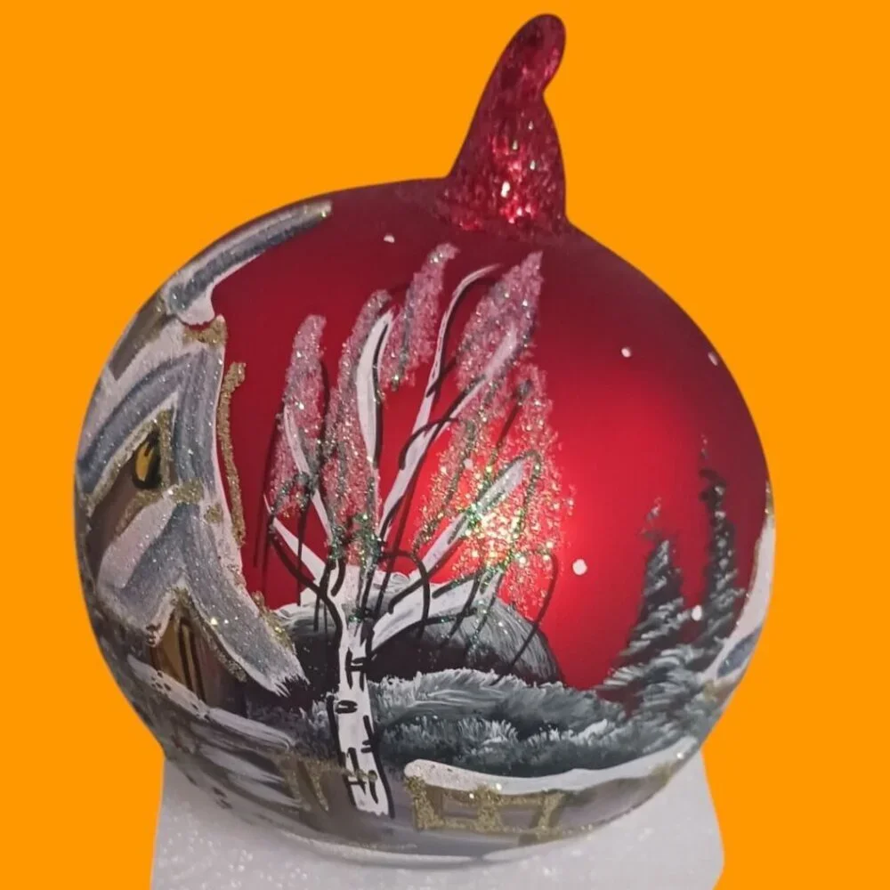 Hand-Painted Glass Christmas Ornament With Winter Village Scene & Glitter